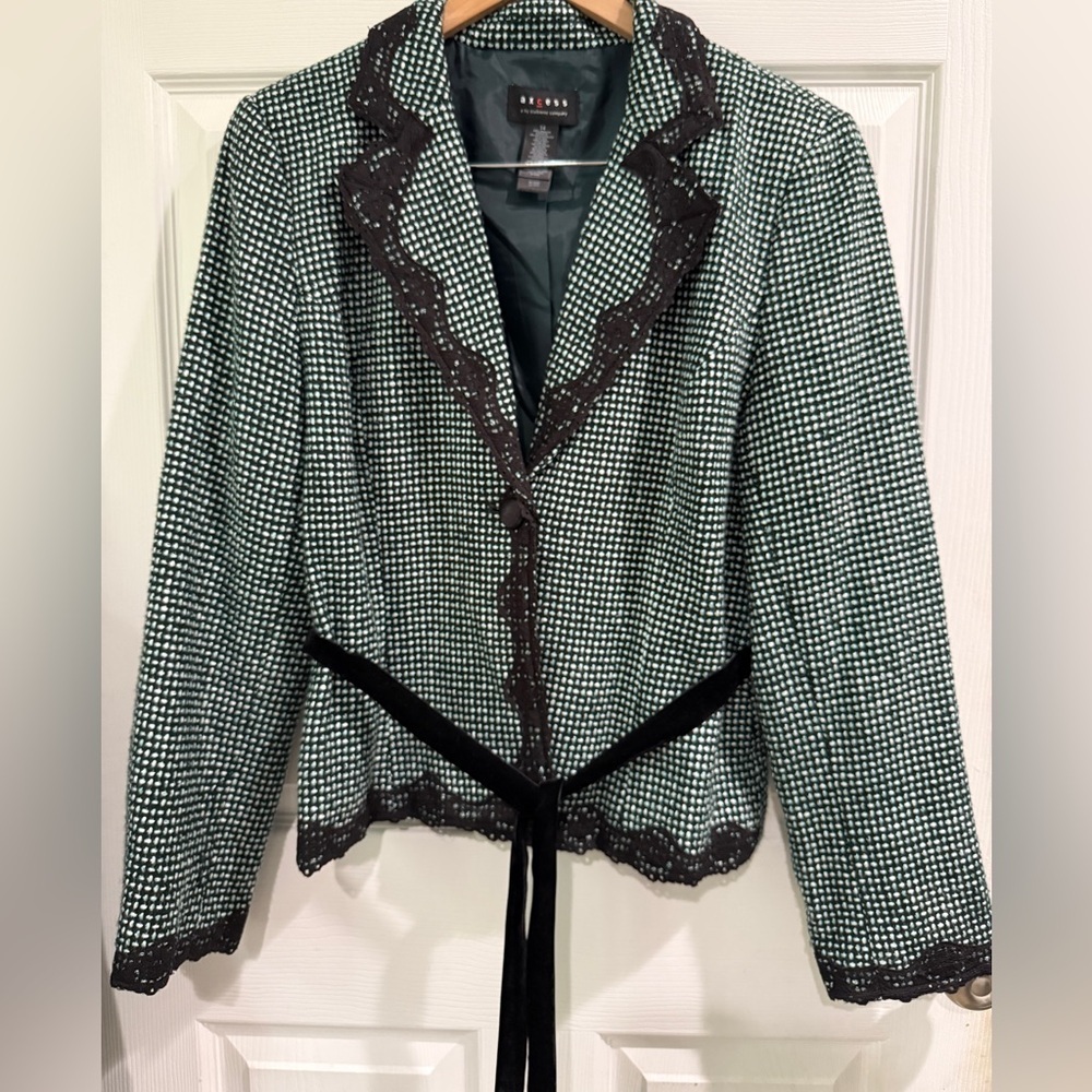 Axcess Black Green White Lace Trim Tweed Blazer Velvet Belt Cottagecore Size 14